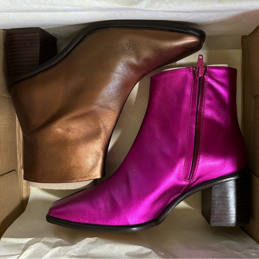 Anthropologie Maeve Square Toe Boot Colorblock Metallic Pink Brown